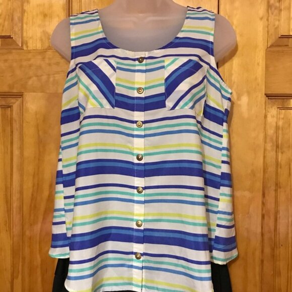 Mine Multi Color Stripe Tank Top Blouse Small  4 - 6100% Polyester Open Slit - Picture 2 of 11